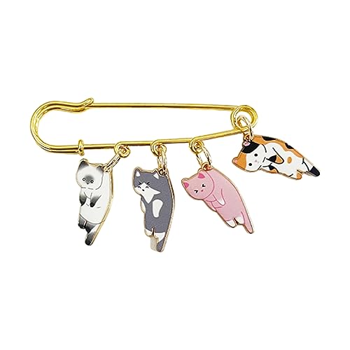 Image of Lovely Cat Charms Gold-Tone Safety Pins - Calico, Ginger, Siamese Cat Dangle Accessory Brooch Pin for Cat Lover Gift