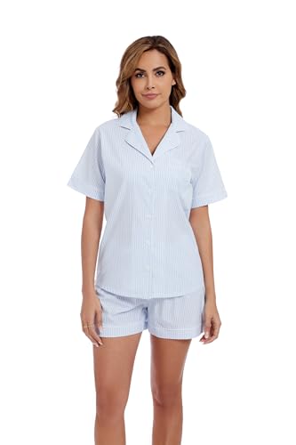 Image of LUBOT 100% Cotton Pajamas for Women 2 Piece PJ Set Poplin Woven Lightweight Ladies Button Short Sleeve Sleepwear S-XXL