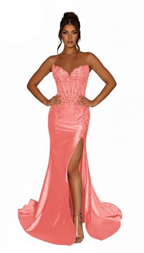 Strapless Prom Dresses for Women 2026 Long Sparkly Sequin Mermaid Evening Dresses Formal Gown with Slit