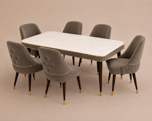 Image of WOODEN SPACE 6-Seater Wooden Dining Table Set | Nano Composite Marble Top | Solid Wood Base | Modern Dining Room Furniture with 6 Chairs (Brown Grand Aura)