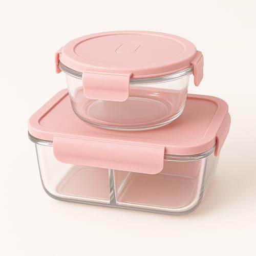 Image of Borosilicate Lunch Box Set of Airtight & Leak-Proof Tiffin Box for Office, School, Men & Women (Light Blue Colour) (Pink, 580 and 400 ml)