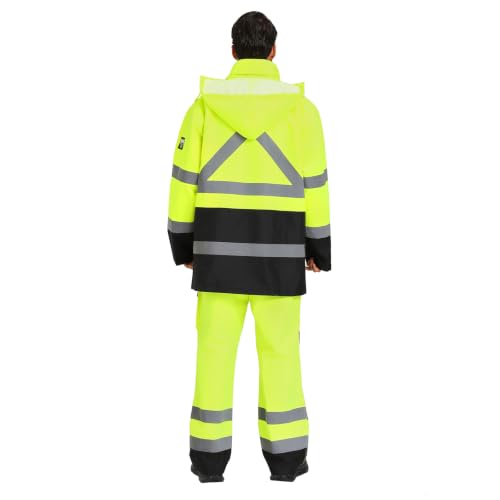Image of 3-Piece Hi-Vis Rain Suit, Safety Jacket with Hood & Bib Overalls