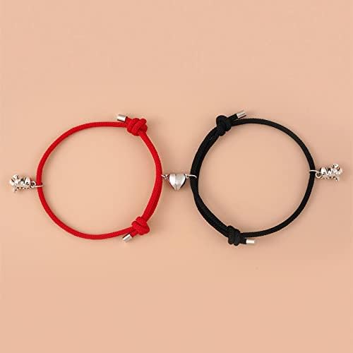 QIAMNI 2PCS Dinosaur Love Pendant Magnetic Clasp Rope Bracelet for Women Girls Kids Handmade Cute Simple Personalised Best Friend Gift Jewelry (B219165-BR) - Image 3