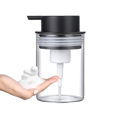 MKLZ Klarglas-Seifenspender, 284 ml, Hand-Flüssigkeitsflaschen mit rostfreier Kunststoffpumpe, nachfüllbar, rund, für Schäumlotion, Spüle und Badezimmer, dekorativ Cover