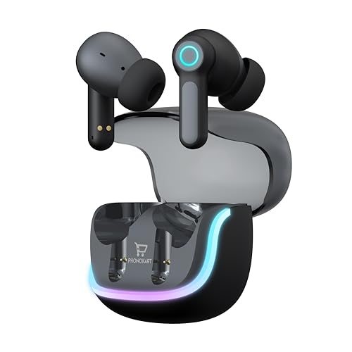 Image of Phonokart KIRA TWS Bluetooth V5.4 Earbuds with Quad Mic ENC, RGB LED Gaming Mode, 70H Playtime, Type-C Fast Charging, Touch Control Wireless Earbuds with 500mAh Battery (Black)