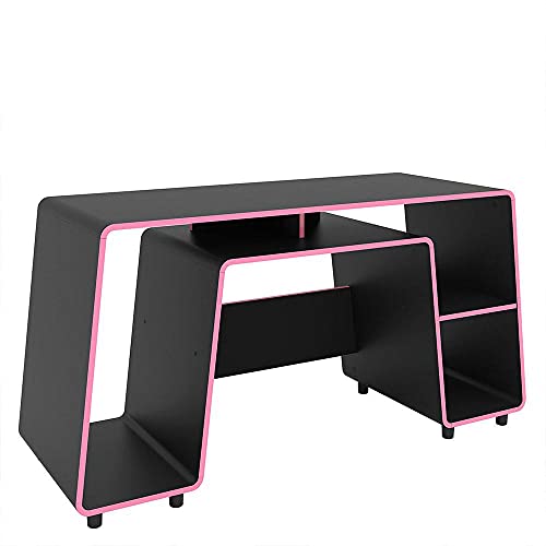 Mesa Gamer London 1 Prateleira 1 Nicho Preto e Rosa Pink Politorno