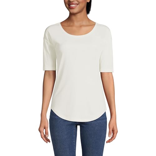 Lands' End Women Supima Micro Modal Elbow Sleeve Balletneck Curved Hem Top Ivory Regular Small