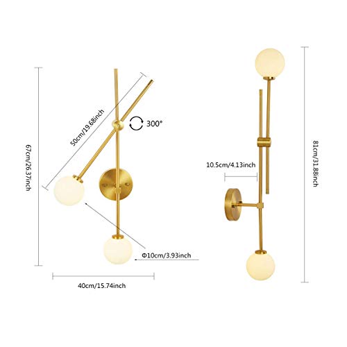 Image of Modern 2 Lights Globe Wall Sconce Industrial Wall Lamp with G4 Bulb Mid Century Rotatable Light Fixture Brushed Brass Finished White Globe Glass Shade (Gold Color)