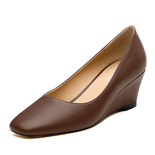 WAYDERNS Dark Brown Closed Toe Wedge Heels for Women Professional Slip on Work Pumps with 2.5 Inch...