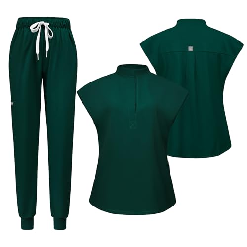Meichoon uniformes médicos para mujer con cuello alzado y pantalón de yoga con cordón ajustable, absorbe el sudor y de secado rápido DK55Verde oscuro XXL