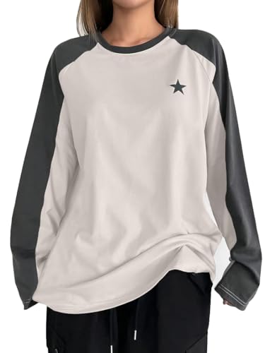 Avanova Women Star Graphic Raglan Long Sleeve Tee Shirt Color Block Loose Tunic Top Black Grey Small