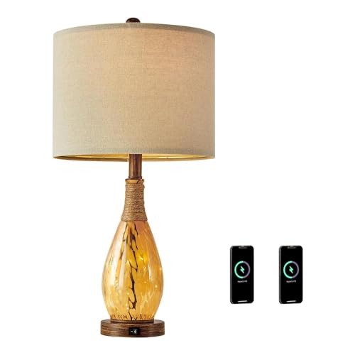 OYEARS 23" USB A+C Table Lamp for Bedroom Living Room Modern Bedside Lamps Retro Farmhouse Rattan Glass Nightstand Nightlight Lamps (Amber),Two Light Points by OYEARS - Image 9