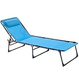 Foristrail Patio Lounge Chair Folding Chaise Bed - Heavy-Duty 400lb Capacity Portable Adjustable Recliner w/Pillow for Pool, Camping, Sunbathing - Lay Flat Design (Light Blue)