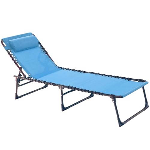 Foristrail Patio Lounge Chair Folding Chaise Bed - Heavy-Duty 400lb Capacity Portable Adjustable Recliner w/Pillow for Pool, Camping, Sunbathing - Lay Flat Design (Light Blue)
