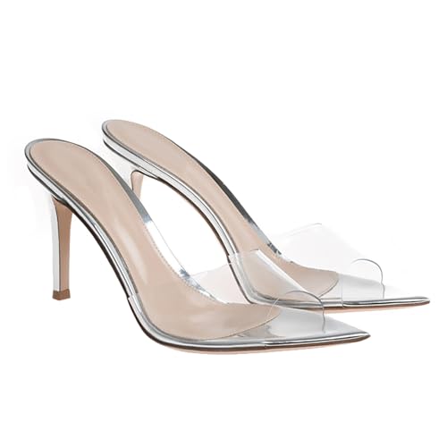 RYNKOMA Women'S Clear Pointed Open Toe Stiletto Heel Slide Sandals Fashion Sexy Slip On Transparent Strap High Heels Mules Summer Backless Party