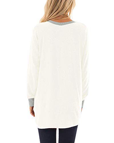 GADEWAKE Womens Casual Color Block Long Sleeve Round Neck Pocket T Shirts Blouses Sweatshirts Tops White
