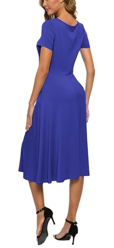 Image of EXCHIC Women's Casual Round Neck Short Sleeve Midi Dress Solid Stretchy Waist Knee Long Dress