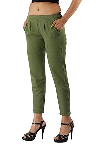Image of DIGITAL SHOPEE Women Cotton Regular Fit Elastic Waist Casual Ankle Pant Trouser with Two Side Pocket