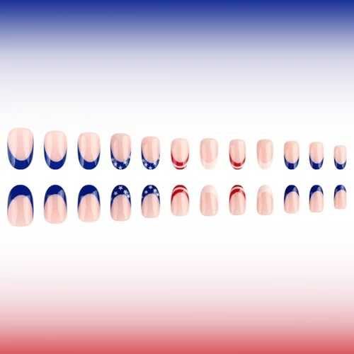 Image of Independence Day Press on Nails French Tip Fake Nails Short Almond False Nails with Star Design Glossy Glue on Nails Artificial Acrylic Full Cover Nude Stick on Nails for Women Girls Manicure 24Pcs