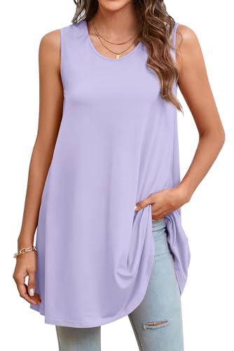 Image of Enmain Lilac Long Vest Tops for Women UK Stretch Ladies Sleeveless Tunics Longline Swing Summer Tank Tops for Leggings Plain Casual Loose Blouse Light Purple 3XL