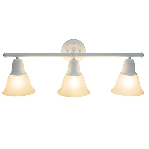 Image of Simple Designs VT1027-WHT 26.5 inch Classic 3 Light Straight Metal Bar and Frosted Marble White Bell Shape Glass Shades Decorative Wall Mounted Vanity Fixture for Bathroom, Entryway, Hallway, White