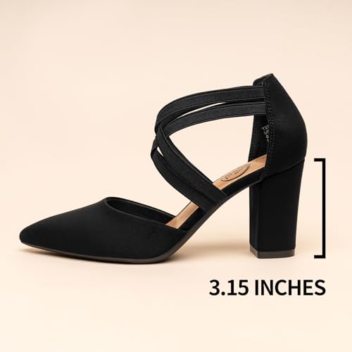 Trary Women's Low Heels Pumps Chunky Closed Pointed Toe Block Heels for Women Dress Shoes Elastic Crisscross Strappy 3.5 Inch Comfortable for Wedding Bridal Prom2