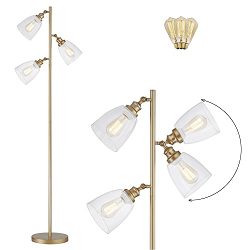 Featured Product WOXXX Gold Industrial Floor Lamp for Living Room Rustic Tall Stand Up Lamp Vintage Farmhouse Tree Floor Lamps for Bedrooms, Office Standing Lamp Modern Glass Shade Floor Lighting （3 Bulbs Included）