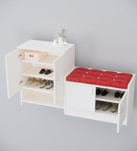 Image of SPECIALITY PANELS Shoe Rack with Cushioned Seating Bench | 2 Door Shoe Cabinet with Storage | Shoe Organizer for Entryway Home Living Room | Combo Set of 2 | DIY Assembly | White Finish