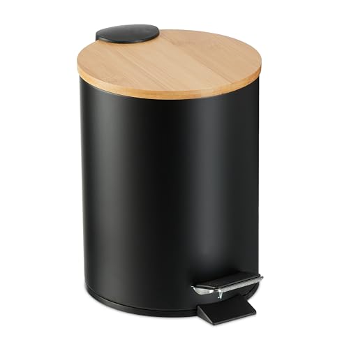 Relaxdays Pattumiera Bagno a Pedale 3 L, Cestino Cosmetici con Cesto Interno Rimovibile, Bidone in Ferro e bambù, Nero