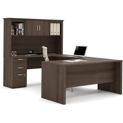 Pemberly Row 66" U-Shaped Desk with Hutch, Bookcase, and File Cabinet, Antigua Finish, Laminated Particle Board, Reversible Office Set for Large Workspace and Storage Solutions