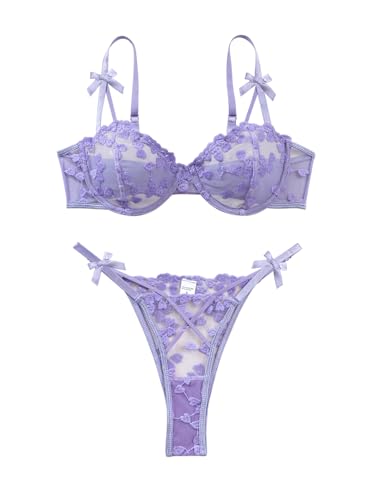 Image of Lilosy Sexy Underwire Cute Push Up Strappy Embroidered Mesh Sheer Lingerie Set See Through Panty Bra