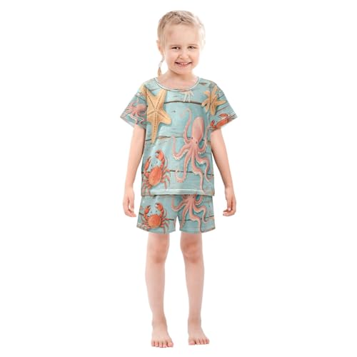 Wooden Board Sea Life Kids Pjs Set Boys Girls Summer Short-Sleeve Sleepwear Pajamas 2PCS3