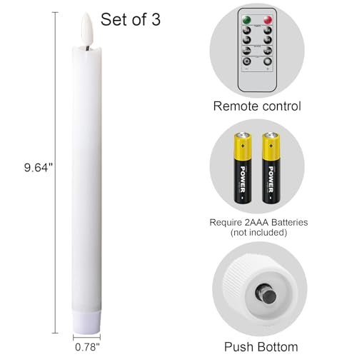 Image of Taper Candles Battery Operated, Flameless Taper Candles with Remote Timer, White Real Wax LED Flameless Candlesticks for Christmas Home Decor(Set of 3, 0.78 inch x 9.65 inch)