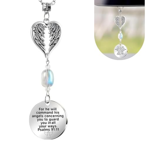 CyperFair Angel Car Rear View Hanging Ornament, Psalm Hollow Heart Wing Charm, Christian Guardian Jewelry Mirror Decoration, Interior Accessory for Cars Trucks SUVs Sedans (Silver)