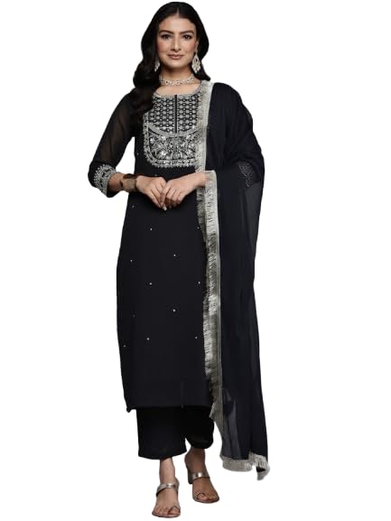 Varanga Women's Black Zari Embroidered Kurta With Bottom And Dupatta
