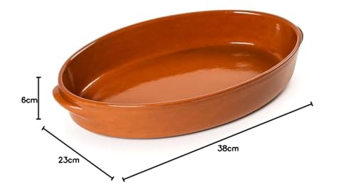 Miniatura 3 de Cazuela Besuguera Tartera Olla Ovalada Baja En Barro Esmaltado Calidad Barro Esmaltado Rojo, 38 X 23 X 6 Cms