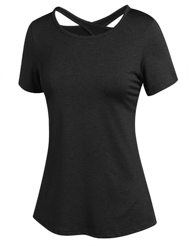 PINSPARK Damen Sport T-Shirt Kurzarm Funktionsshirt Rückenfreies Sportshirt Laufshirt Oberteile Leicht Fitness Oberteil Yoga Workout Gym Top Schwarz XXL PINSPARK Damen Sport T-Shirt Kurzarm Funktionsshirt Rückenfreies Sportshirt Laufshirt Oberteile Leicht Fitness Oberteil Yoga Workout Gym Top Schwarz XXL