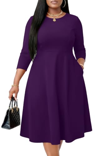 Image of Runwind Women's Plus Size Midi Dress Classy High Waist Wedding Guest Dress Casual Crew Neck 3 /4 Sleeve A-Line Swing Dresses
