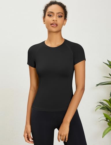 Rapbin Sportshirt Damen Kurzarm Funktions Sport Oberteile Yoga Shirt Rundhals Basic Shirt Damen Für Fitness Laufshirt Schwarz S