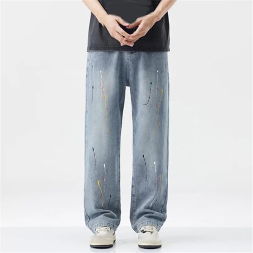Men's Paint Splatter Straight Jeans Personalized Korean Fashion Baggy Wide Leg Denim Trousers3