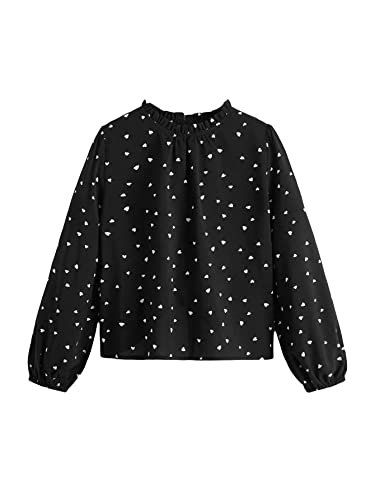 Milumia Girl's Heart Print Frill Mock Neck Long Sleeve Keyhole Button Blouse Tops Black 7 Years #TOP26