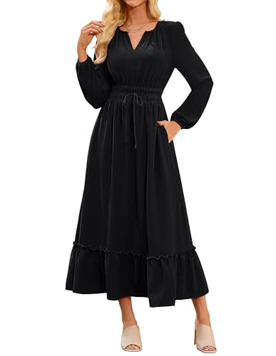 Damen V-Ausschnitt A-Linie Wickelkleid Herbst Winter Solid Farbe Freizeitkleid Langarm Cocktail Alltag Kleid Schwarz M