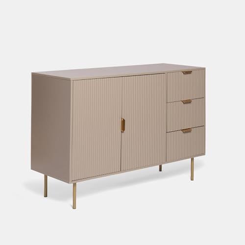 OHS Decorative Ribbed Wooden Sideboard Cabinet with 2 Doors and 3 Drawers for Living Room, Hallway, and Kitchen - Taupe Finish, 120 x 40 x 77cm - Image 5