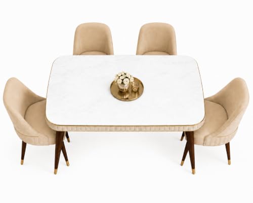 Image of WOODEN SPACE Majestic 4 Seater Wooden Dining Table Set | Urban Marble Top Dining Table with Chairs for Dining Room & Kitchen (Beige Modern Grand Aura) (54 x 36 x 30 inch)