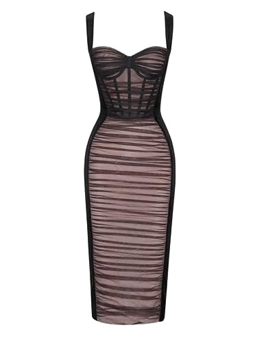 Women Shoulder Strap Midi Wedding Guest Dress Mesh Velvet Ruched Cocktail Party Dress