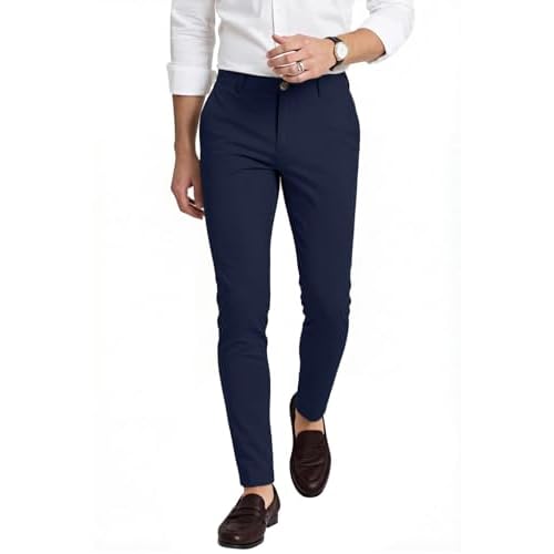 Mens Dress Pants Slim Fit Stretch Fashion Plaid Pant Skinny Leg 34W x 30L Dark Blue