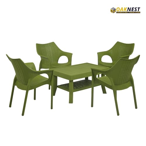 Image of Oaknest Supreme Cambridge with Vegas Plastic Outdoor Chair and Table Set | 4 Rattan Chairs + 1 Table | Weatherproof, Lightweight | Garden & Patio Use Mehandi Green