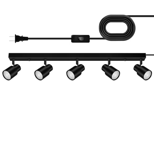 Plug in Track Lighting, 30" LED Track Light Fixtures Ceiling, Black 5 Way Ceiling Lights for Kitchen, 15FT Cord, Rotatable Light Head, Rocker Switch, Plug Spotlight for Bedroom Hallway(GU10, NO Bulb)