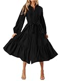 MASCOMODA Womens Dresses 2025 Fall Long Sleeve Midi Dress Casual V Neck Button Down Tiered Flowy Aline Tie Waist Shirt Dress(Black,Large)