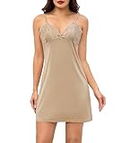 Sopesil Fond de Robe Femme en Dentelle Jupon Sexy Lingerie Bretelles Spaghetti et Col en V Élégant Chemise de Nuit Femme Grande Taille Nude,XXL
